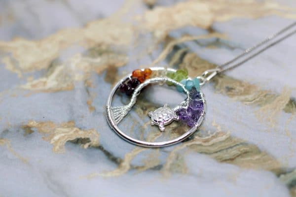 7 Chakra Crystal Tree of Life Necklace | Wire Wrapped Turtle Pendant - Image 5