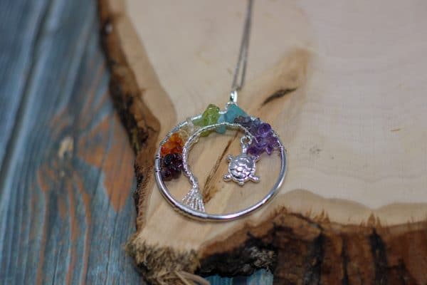 7 Chakra Crystal Tree of Life Necklace | Wire Wrapped Turtle Pendant - Image 2
