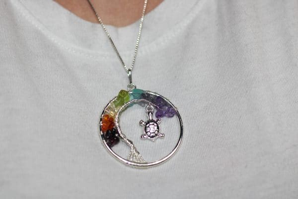7 Chakra Crystal Tree of Life Necklace | Wire Wrapped Turtle Pendant - Image 3