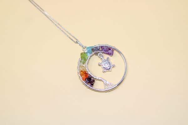 7 Chakra Crystal Tree of Life Necklace | Wire Wrapped Turtle Pendant