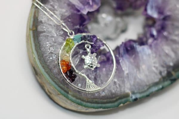 7 Chakra Crystal Tree of Life Necklace | Wire Wrapped Turtle Pendant - Image 4