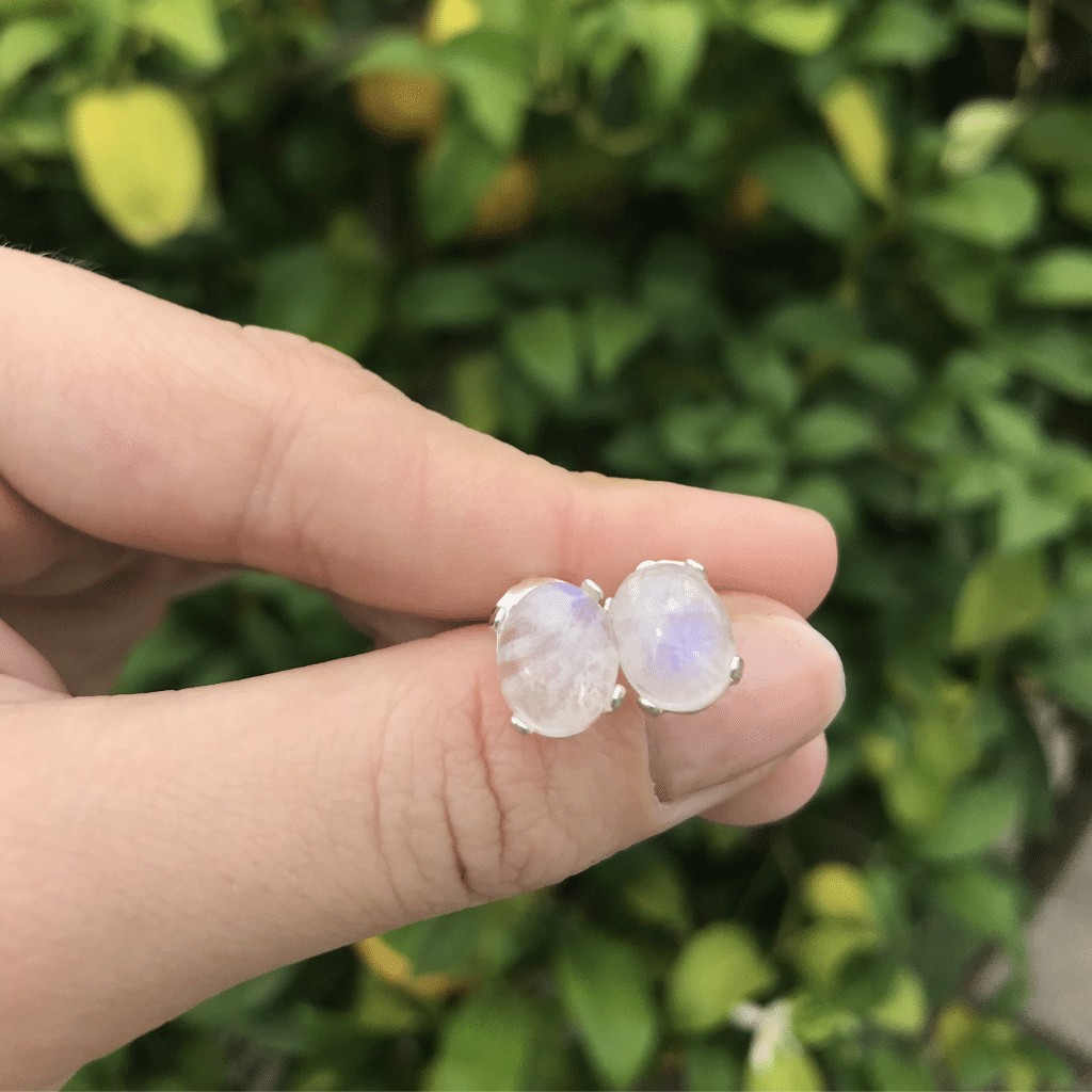 Dainty Rainbow Moonstone Stud Earrings Delicate Silver Moonstone