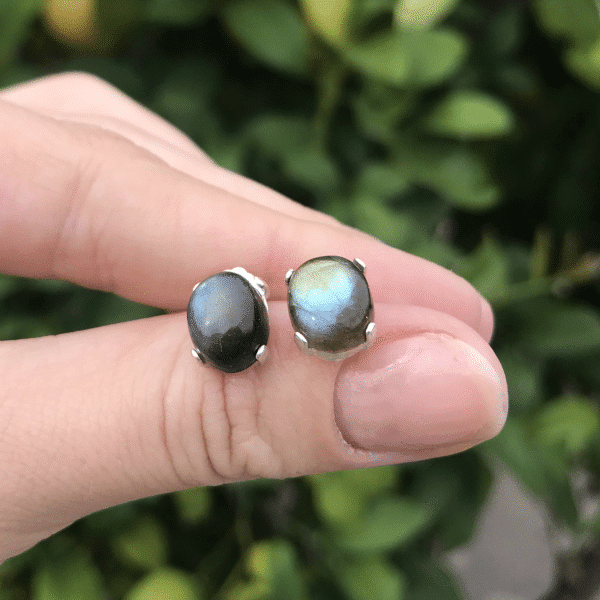 Tiny Labradorite Earrings | Dainty Silver Stud Earrings - Image 2